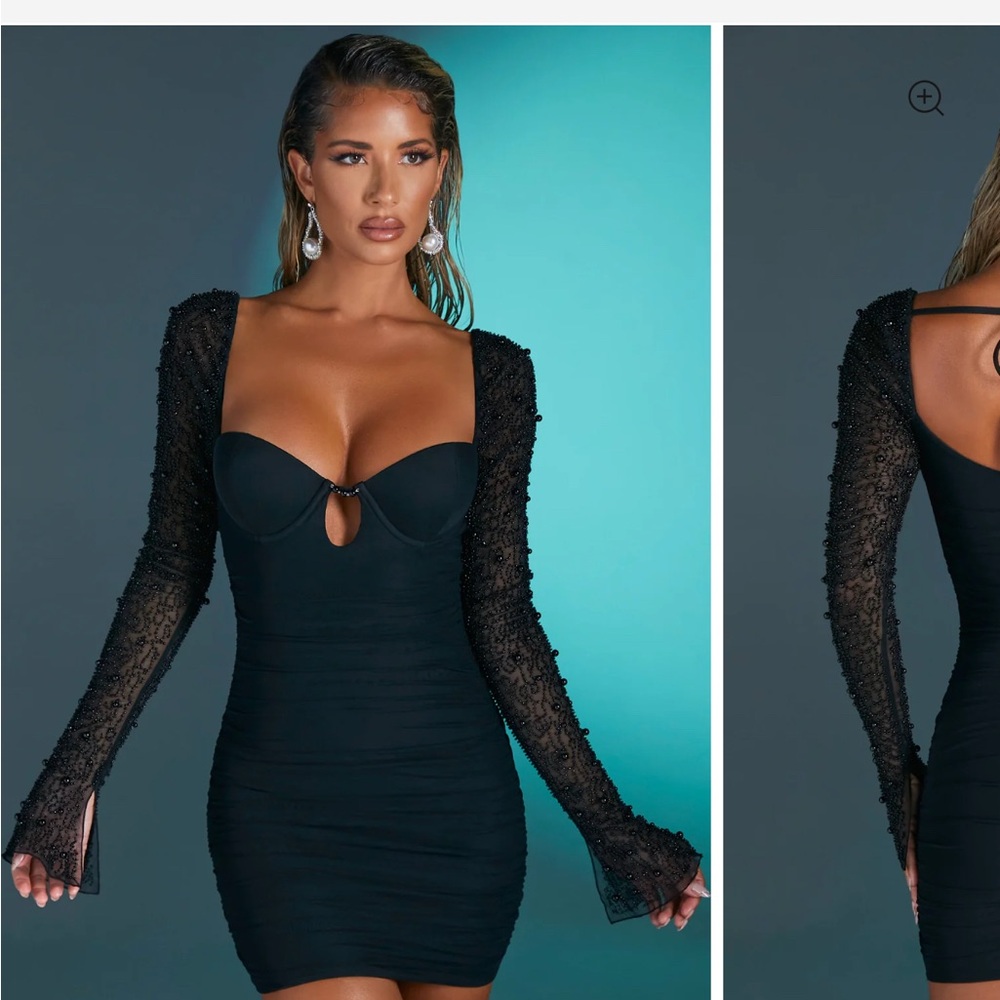 Oh Polly Black Ruched Mini Dress with Beaded Sleeves St Germain